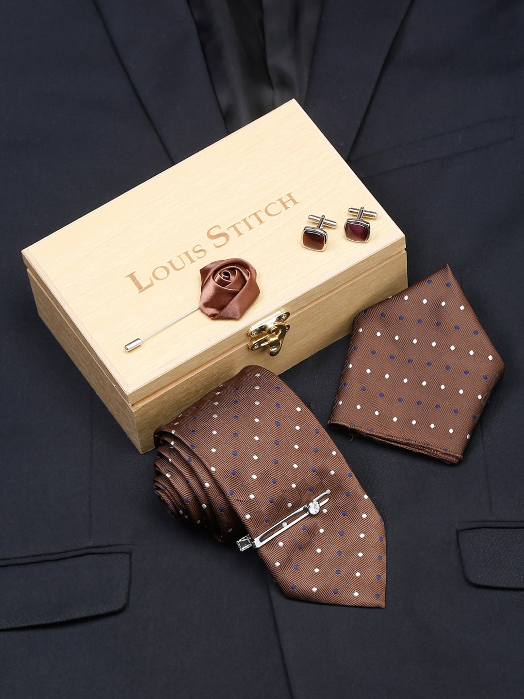 

LOUIS STITCH Men Polka Dot Self Design Italian Silk Necktie Accessory Gift Set, Brown