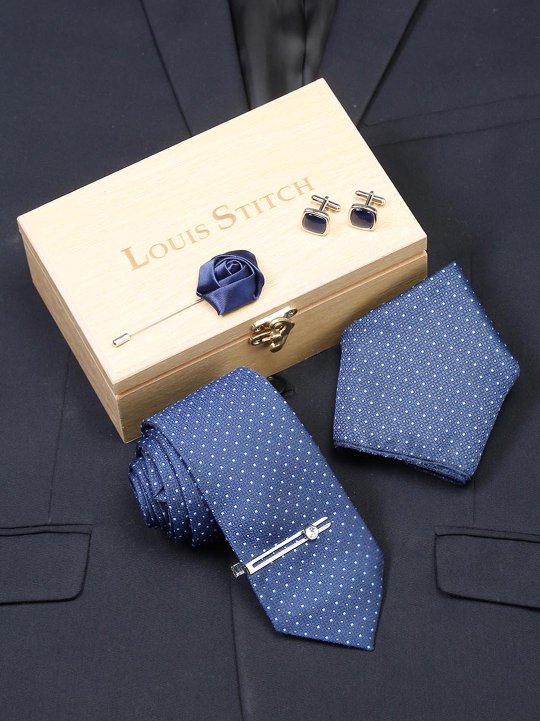 

LOUIS STITCH Men Printed Silk Necktie Accessory Gift Set, Blue