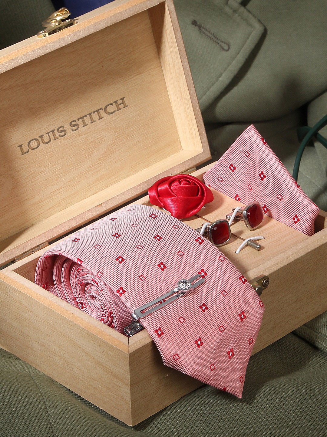 

LOUIS STITCH Men Silk Necktie Accessory Gift Set, Peach