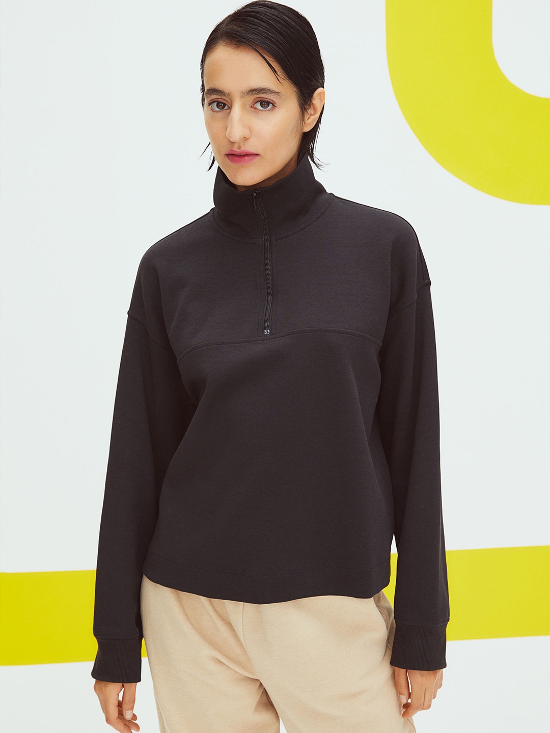 

H&M Women Black Zip-Top Sweatshirt