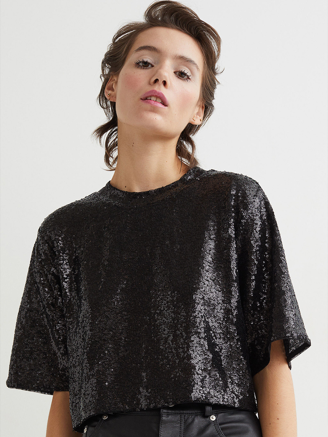 

H&M Women Black Sequined Cropped Top