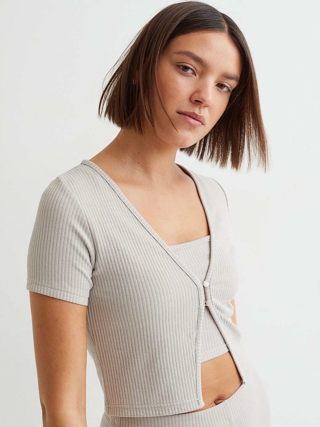 

H&M Women Grey Ribbed Jersey Top