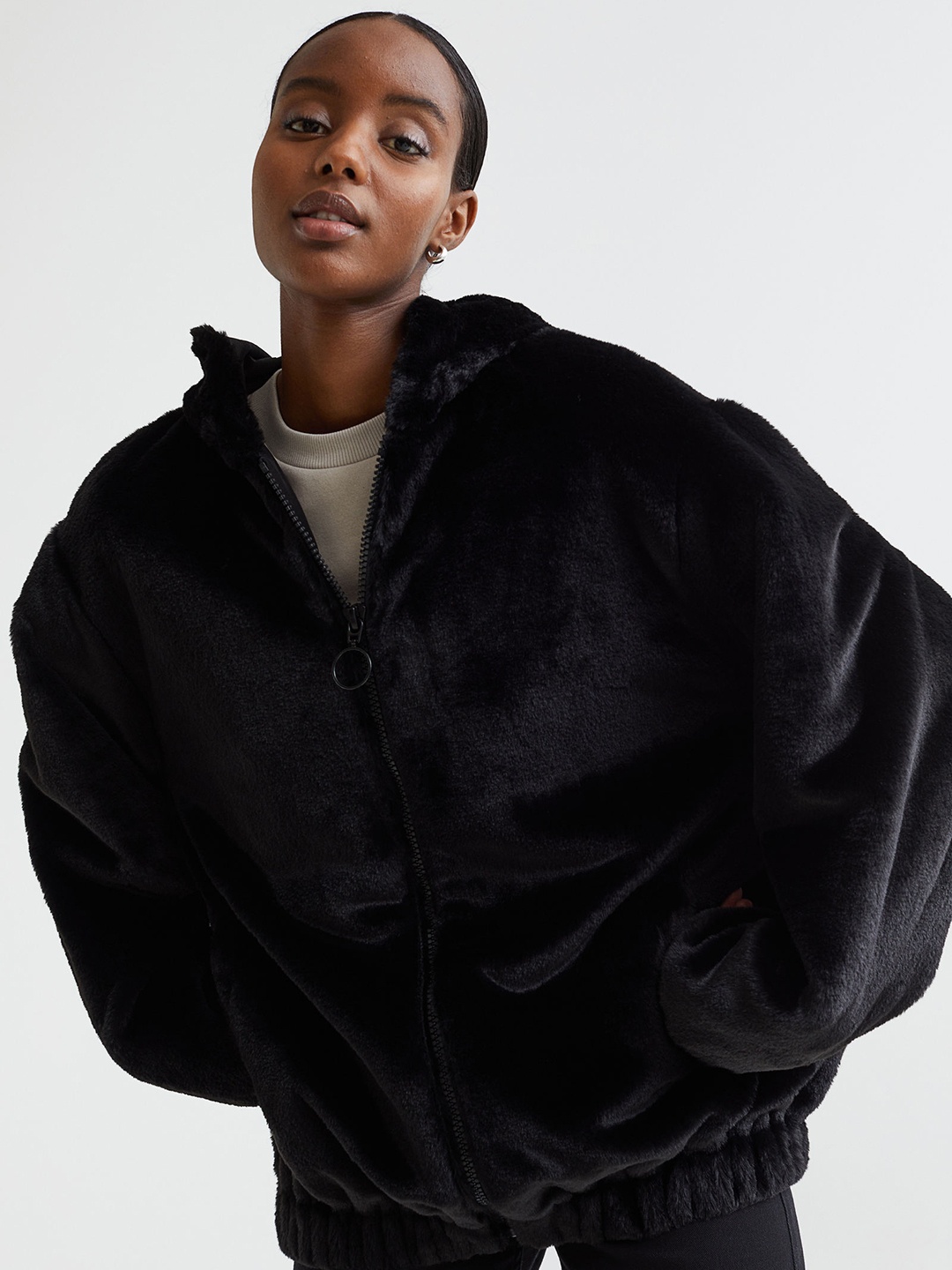

H&M Women Black Faux fur hooded Open Front Jacket