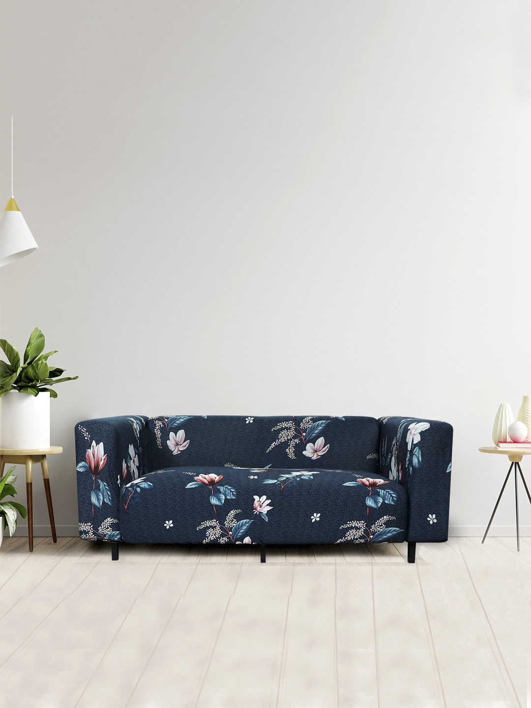 

HOUSE OF QUIRK Navy Blue & White Floral Printed 2-Seater Sofa Slipcover