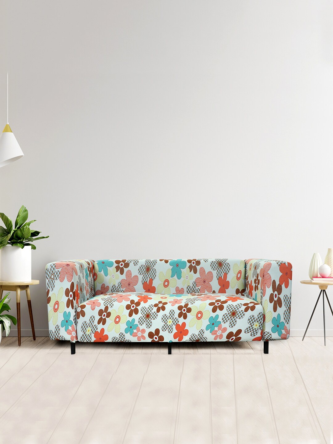 

HOUSE OF QUIRK Cream & Blue Floral Printed 3-Seater Non-Slip Sofa Cover