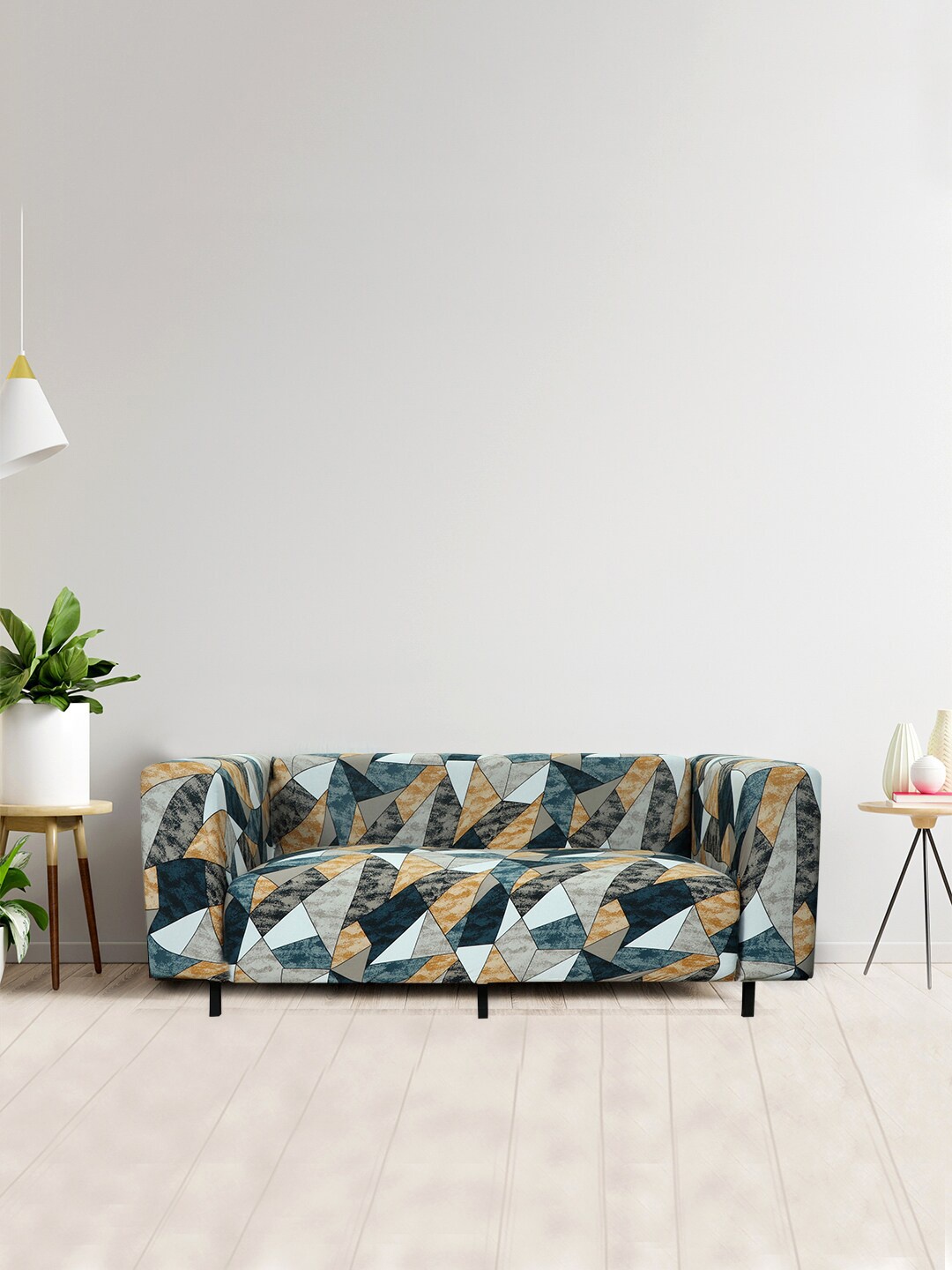 

HOUSE OF QUIRK Teal Blue & White Printed 3-Seater Stretchable Non-Slip Sofa Cover