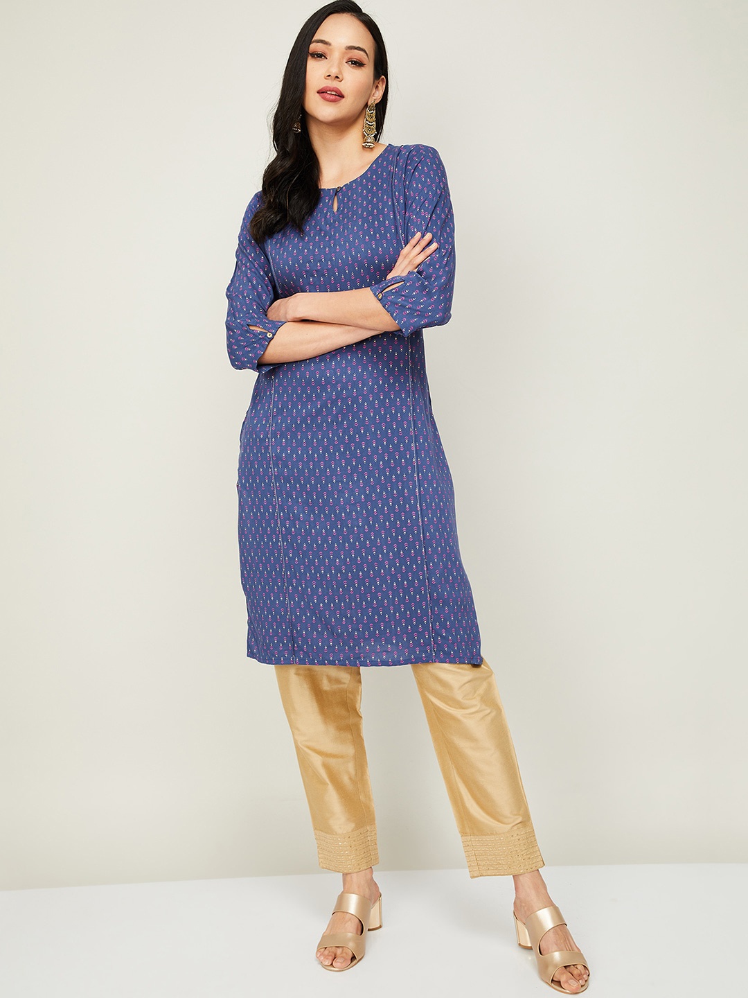 

Melange by Lifestyle Women Blue Ethnic Motifs Keyhole Neck Kurta