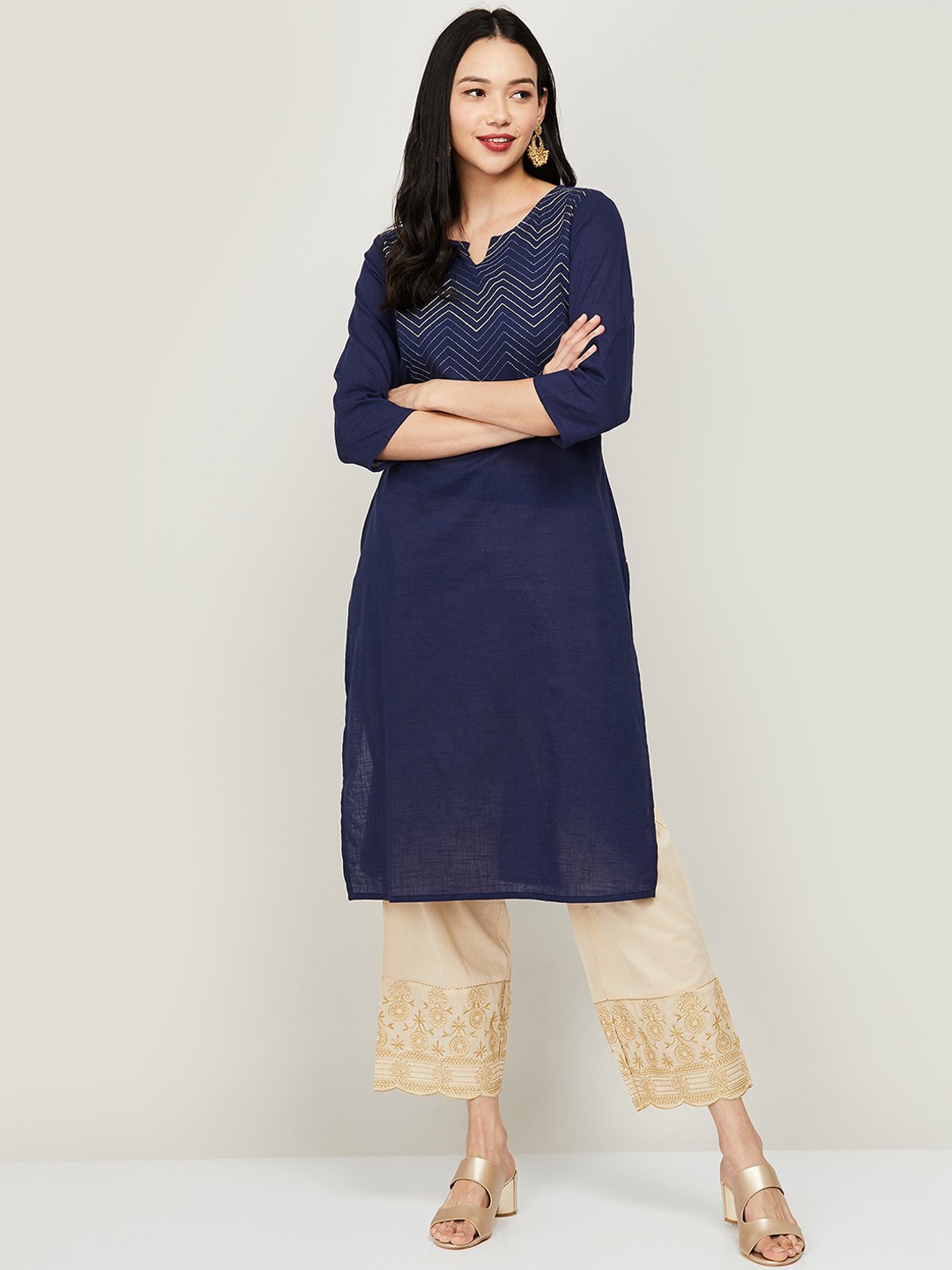 

Melange by Lifestyle Women Navy Blue Geometric Yoke Design Kurta