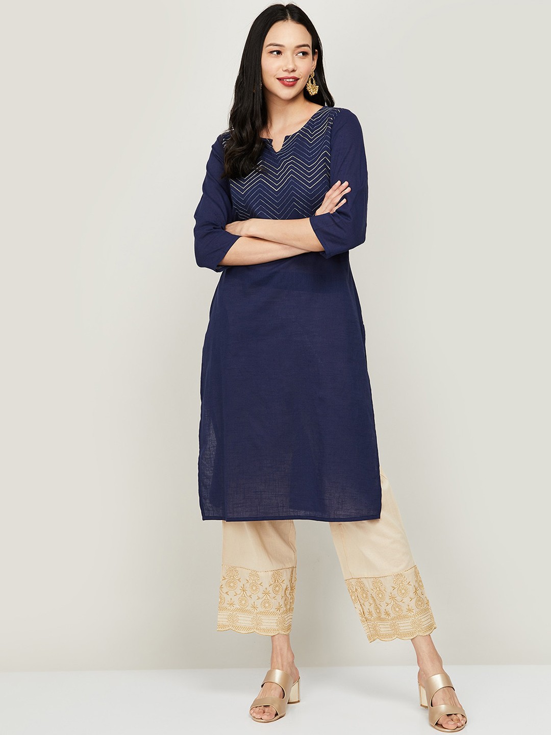 

Melange by Lifestyle Women Navy Blue Geometric Yoke Design Thread Work Kurta