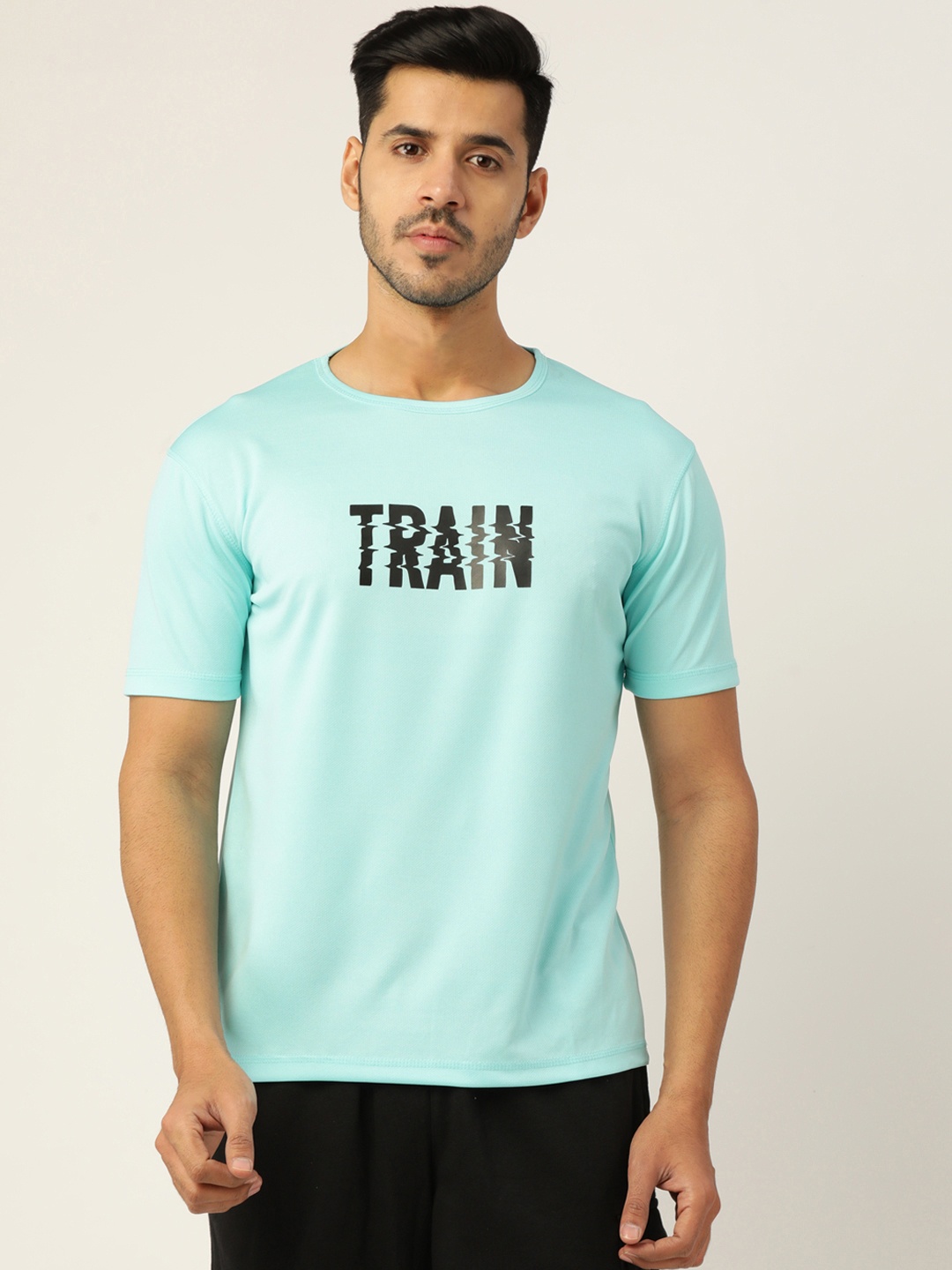 

ARMISTO Men Turquoise Blue Typography Printed Dri Fit Training T-shirt