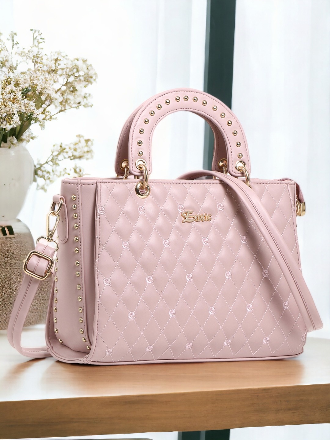 

Exotic Tan Textured Quilted Structured Handheld Bag