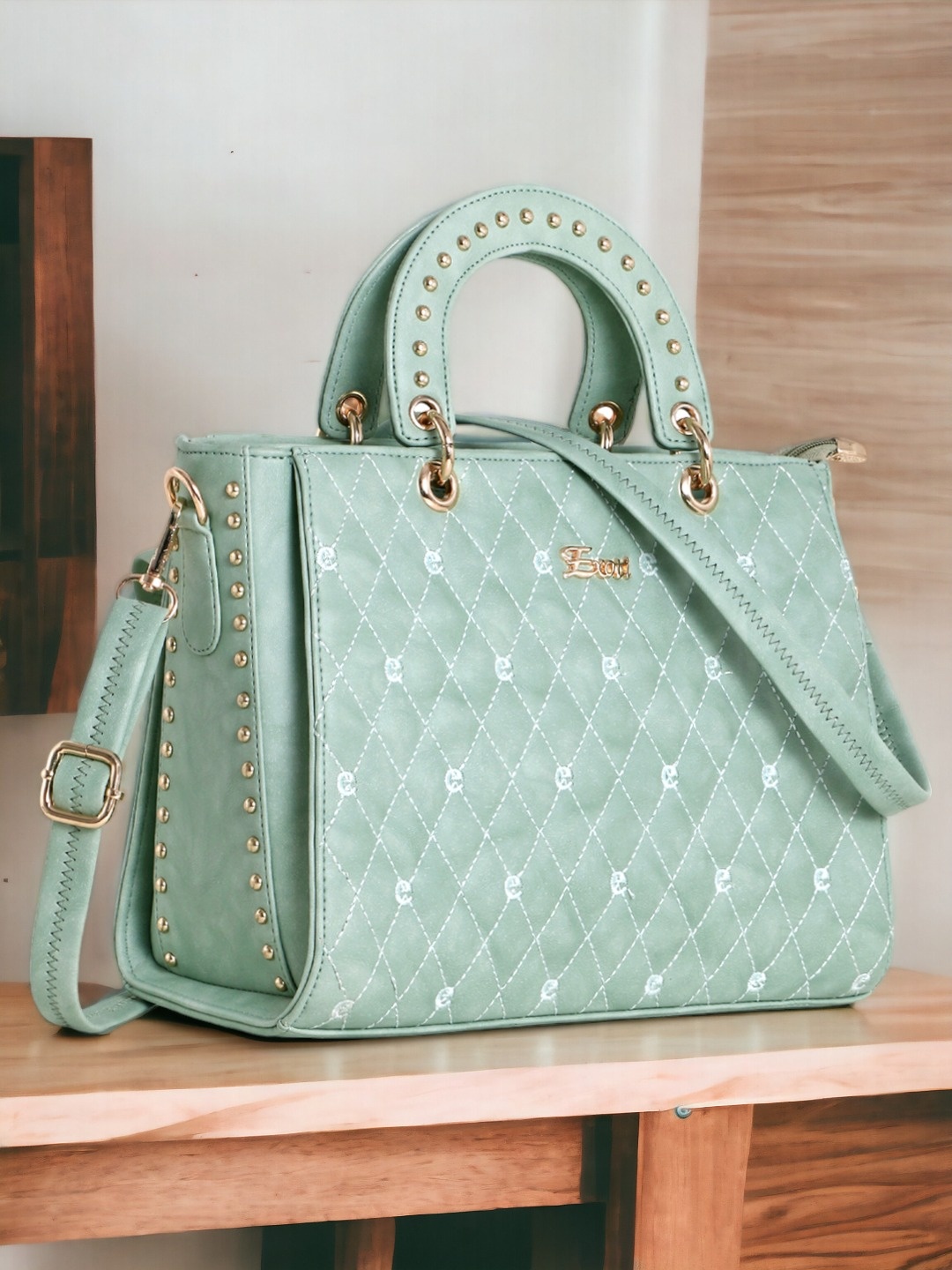 

Exotic Sea Green Textured Quilted Structured Handheld Bag