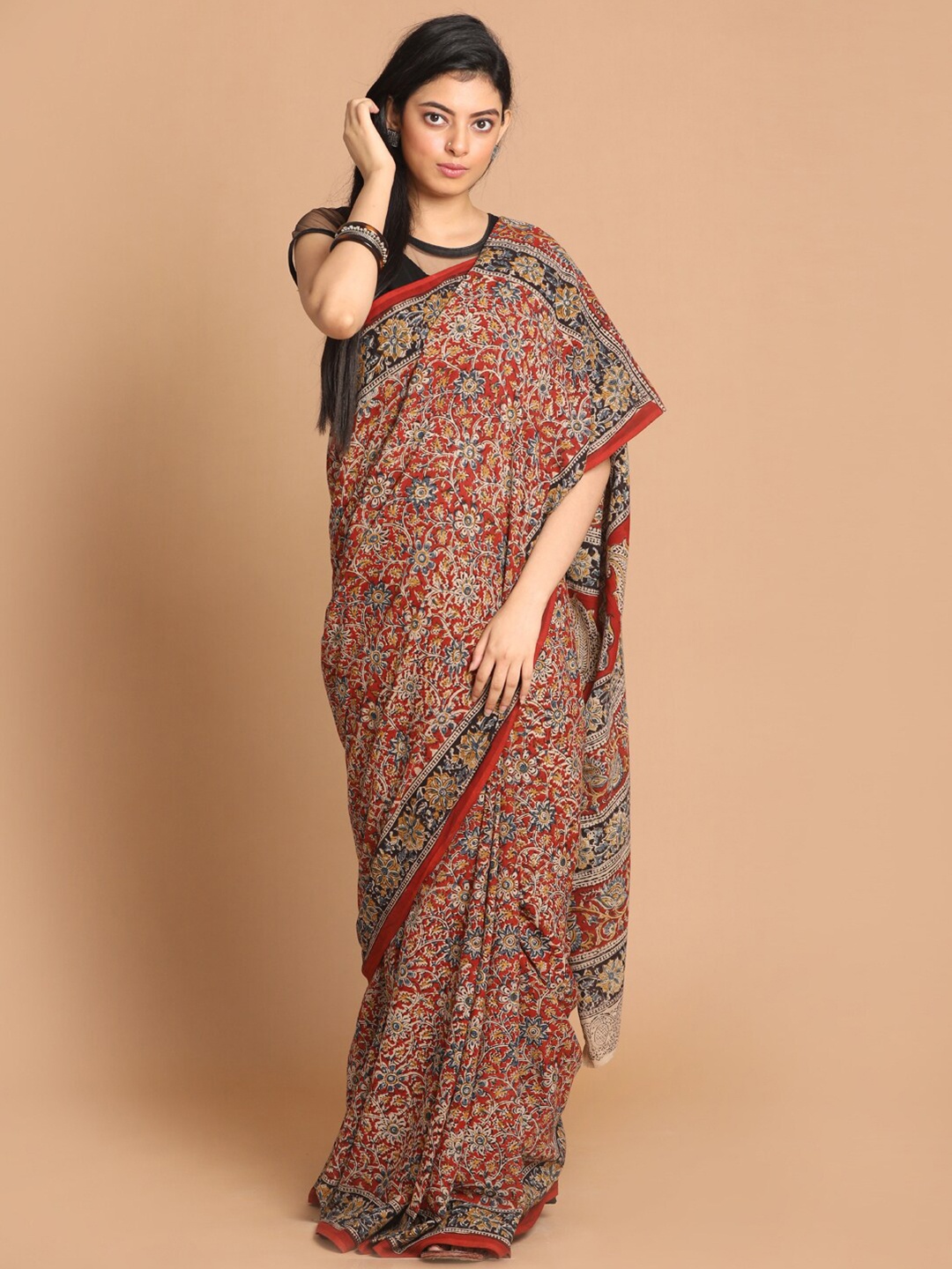 

Indethnic Red & Black Kalamkari Pure Cotton Block Print Saree