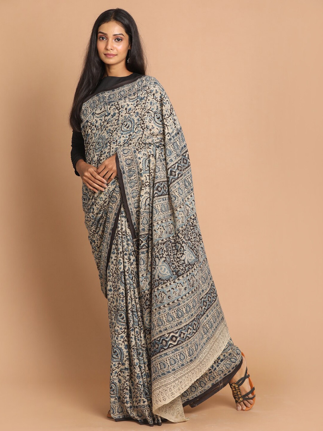 

Indethnic Blue & Black Kalamkari Mulmul Cotton Block Print Saree