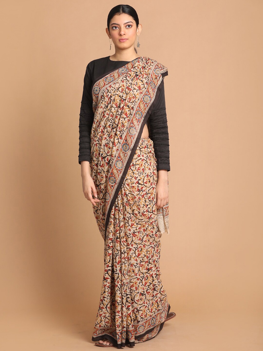 

Indethnic Beige & Red Kalamkari Pure Cotton Block Print Saree