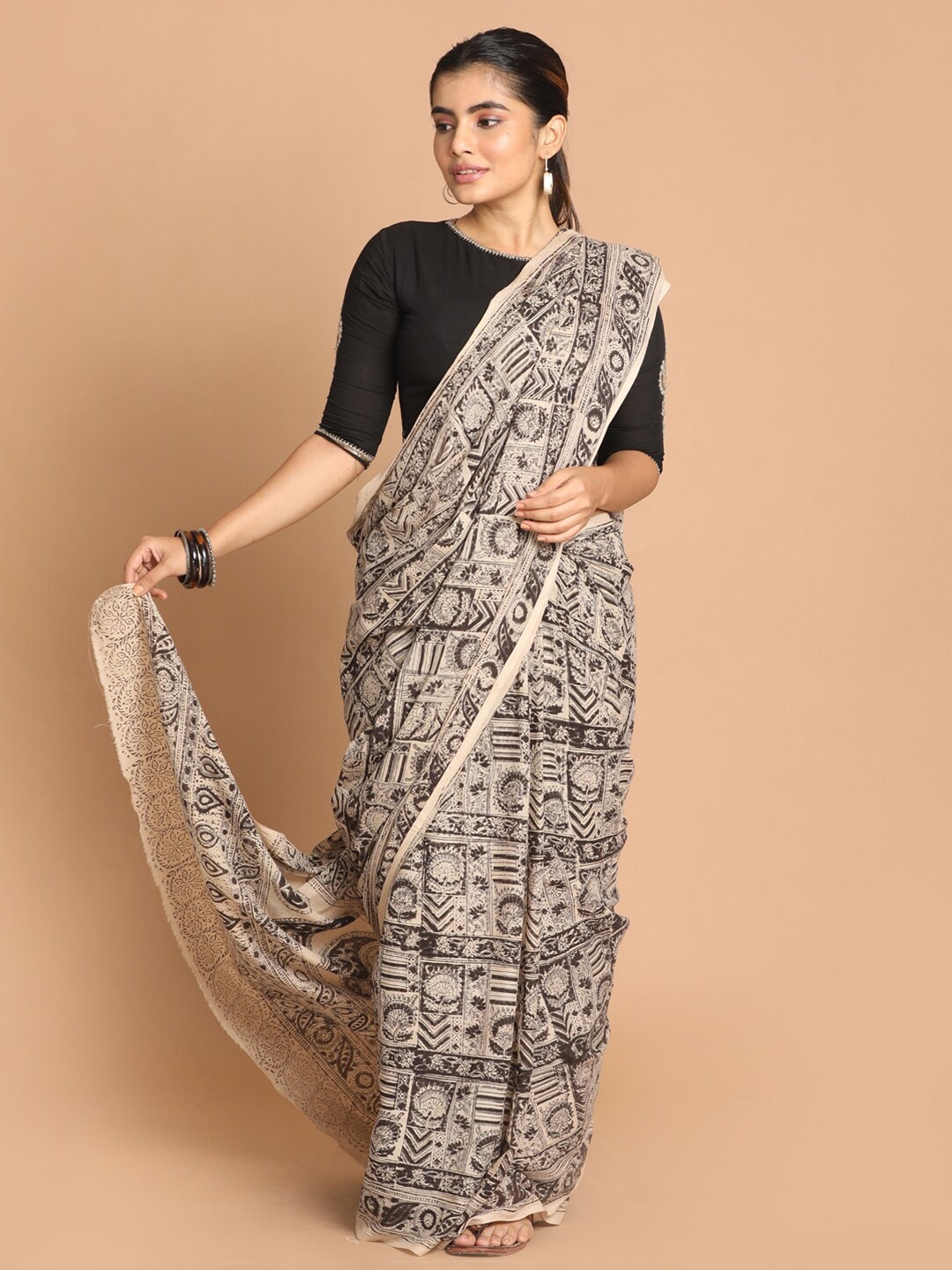 

Indethnic Black & Beige Kalamkari Printed Pure Cotton Block Print Saree