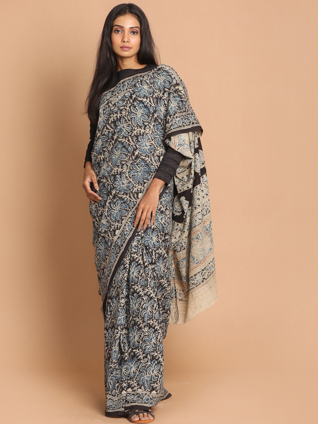 

Indethnic Blue & Black Kalamkari Pure Cotton Block Print Saree