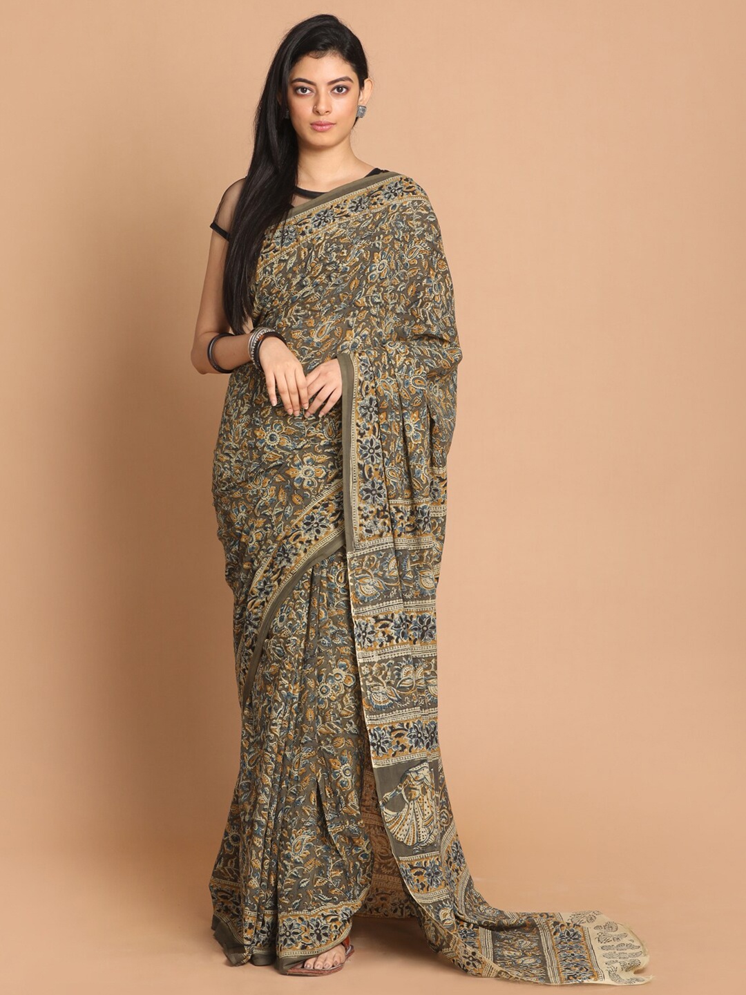 

Indethnic Olive Green & Blue Kalamkari Printed Pure Cotton Block Print Saree