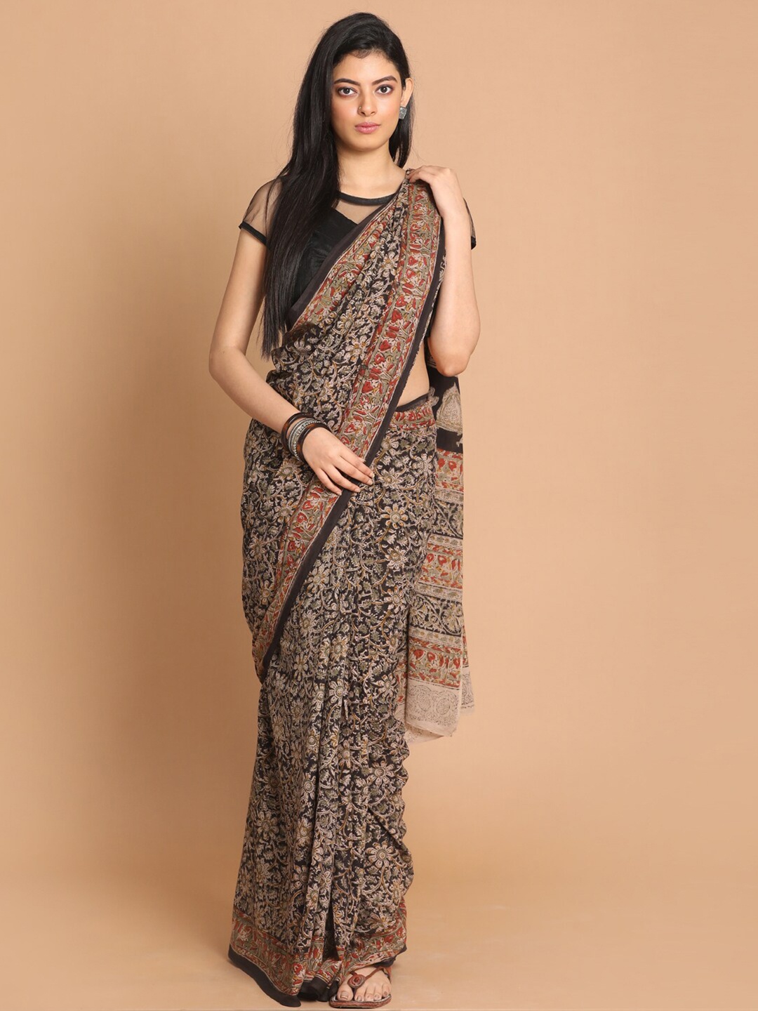 

Indethnic Black Kalamkari Printed Mulmul Pure Cotton Saree