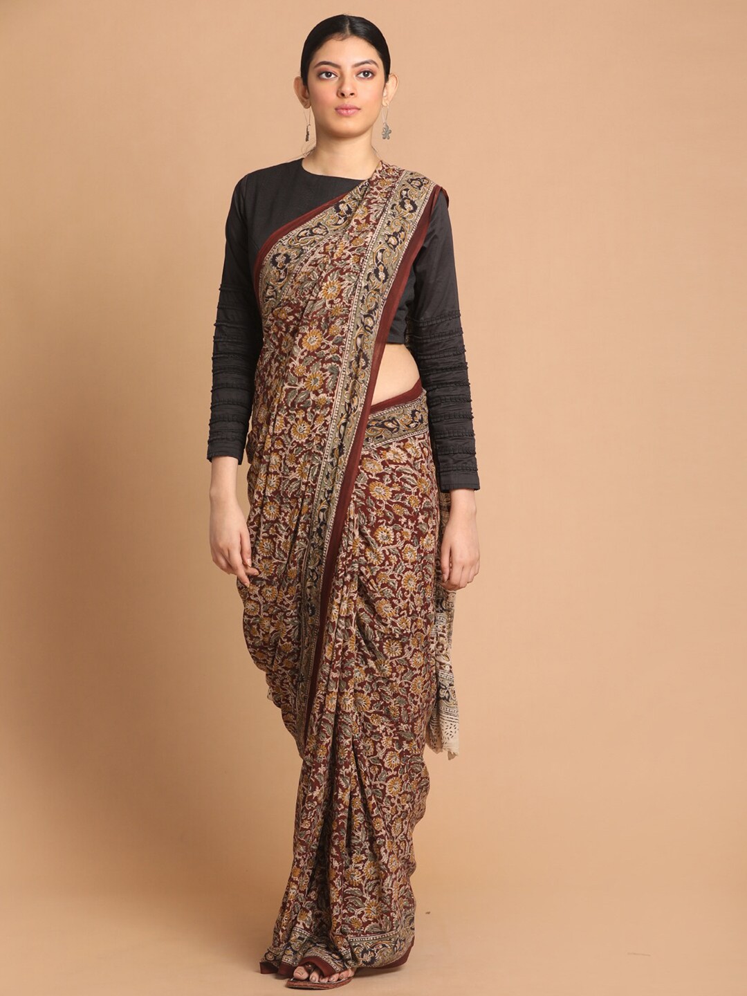 

Indethnic Red & Black Kalamkari Pure Cotton Block Print Saree