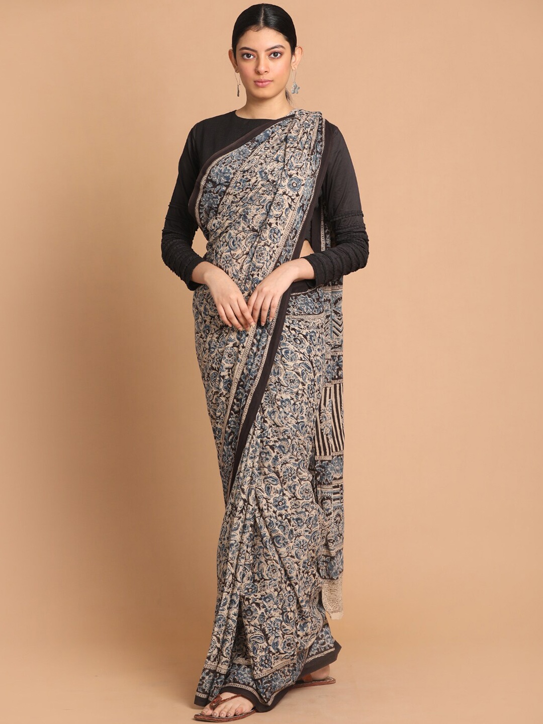 

Indethnic Blue & Black Kalamkari Pure Cotton Block Print Saree