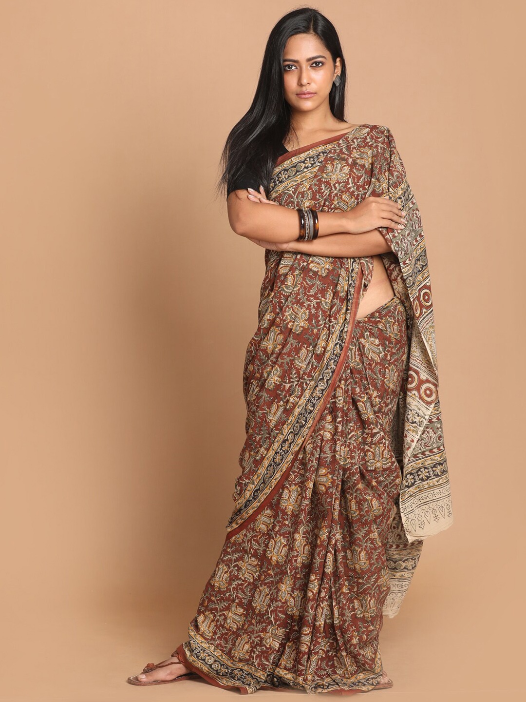 

Indethnic Brown & Black Kalamkari Pure Cotton Block Print Saree