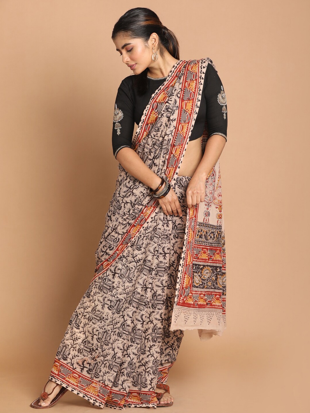 

Indethnic Beige & Black Kalamkari Pure Cotton Block Print Saree