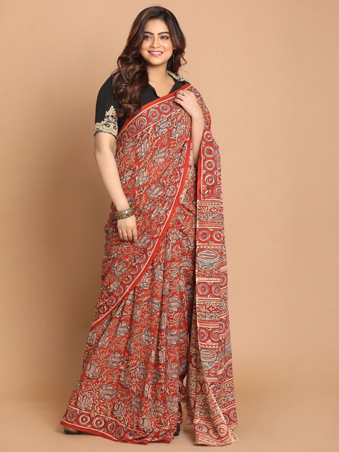 

Indethnic Red & Blue Kalamkari Pure Cotton Block Print Saree