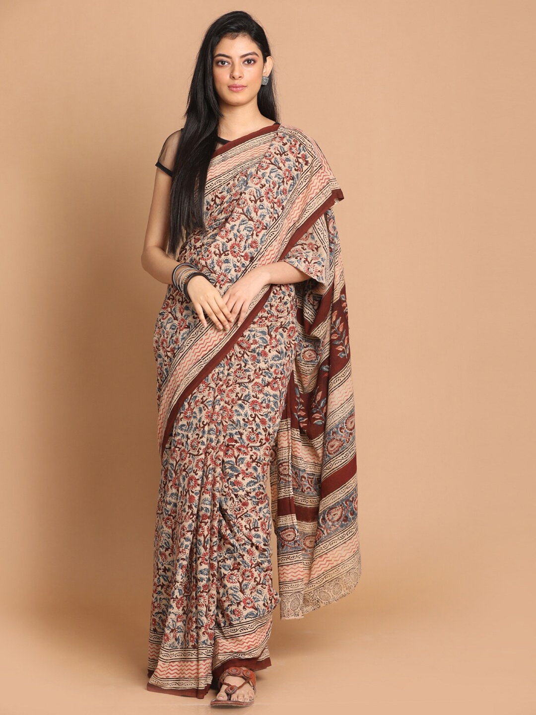 

Indethnic Red & Blue Kalamkari Pure Cotton Block Print Saree