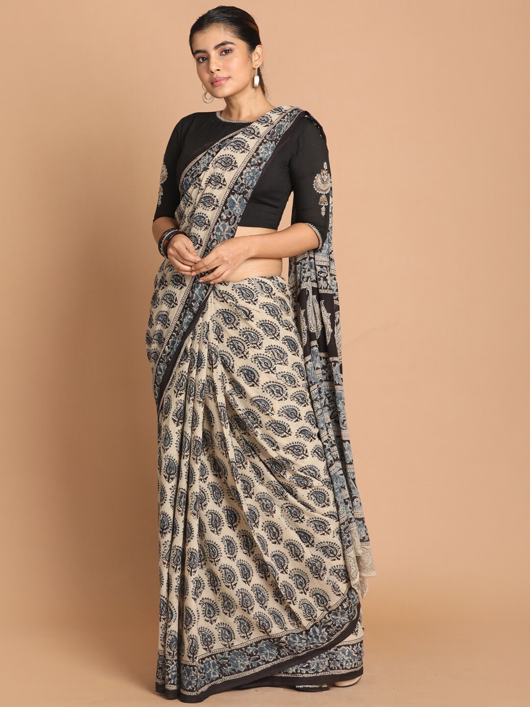 

Indethnic Blue & Beige Kalamkari Pure Mulmul Cotton Block Print Saree