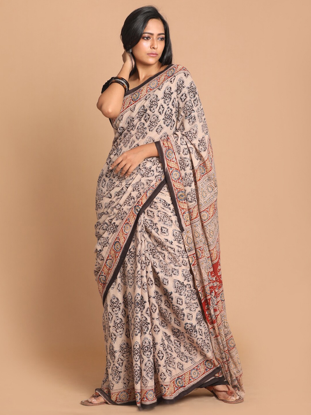 

Indethnic Beige & Black Kalamkari Pure Cotton Block Print Saree
