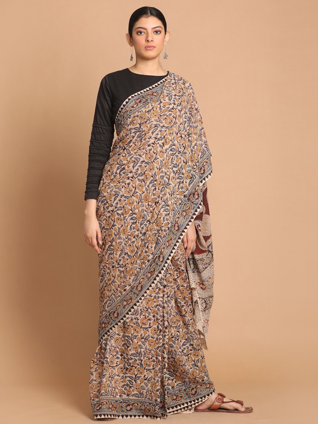 

Indethnic Red & Beige Kalamkari Pure Cotton Block Print Saree