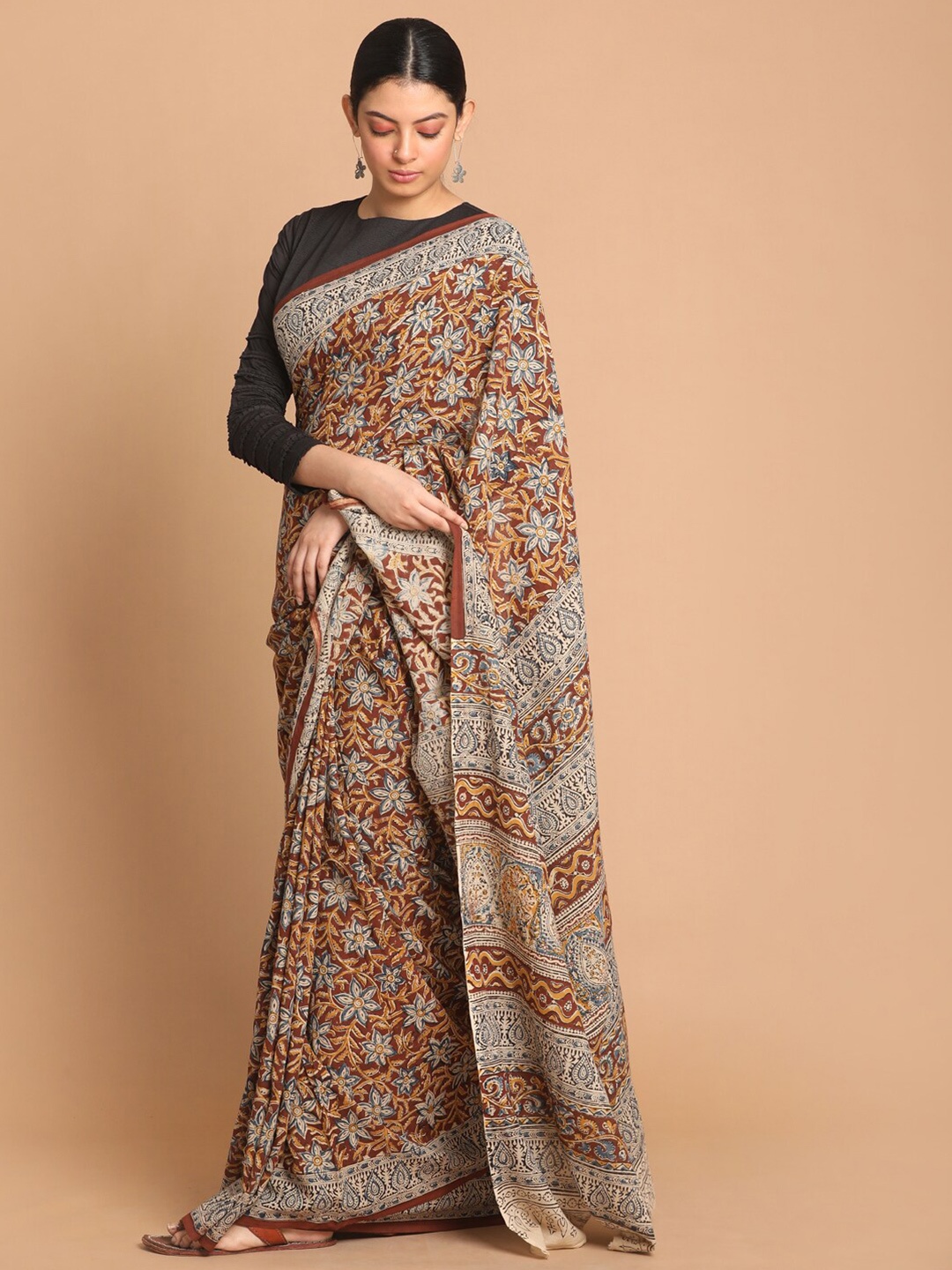 

Indethnic Red & Beige Kalamkari Pure Cotton Block Print Saree