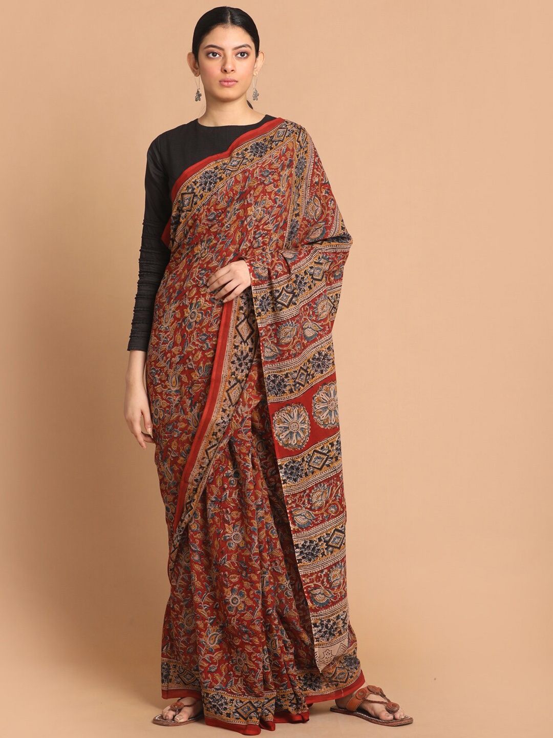 

Indethnic Red & Black Kalamkari Pure Cotton Handblock Print Saree