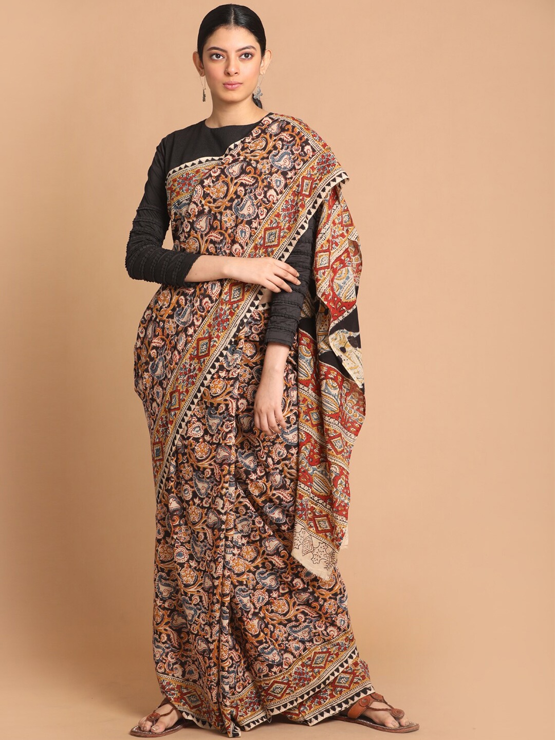 

Indethnic Black & Red Kalamkari Pure Cotton Block Print Saree