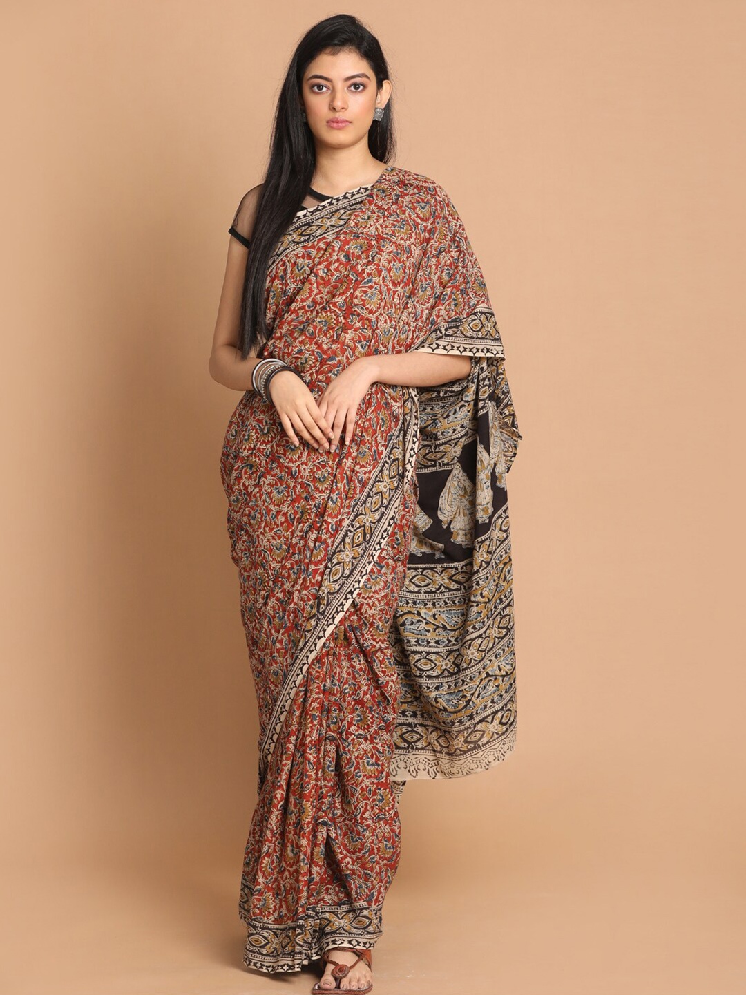 

Indethnic Red & Black Kalamkari Pure Cotton Block Print Saree