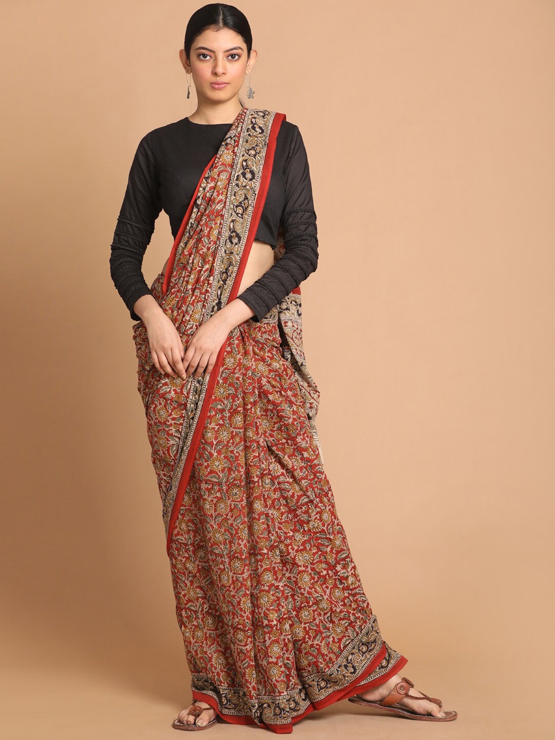 

Indethnic Red & Black Kalamkari Printed Pure Cotton Block Print Saree