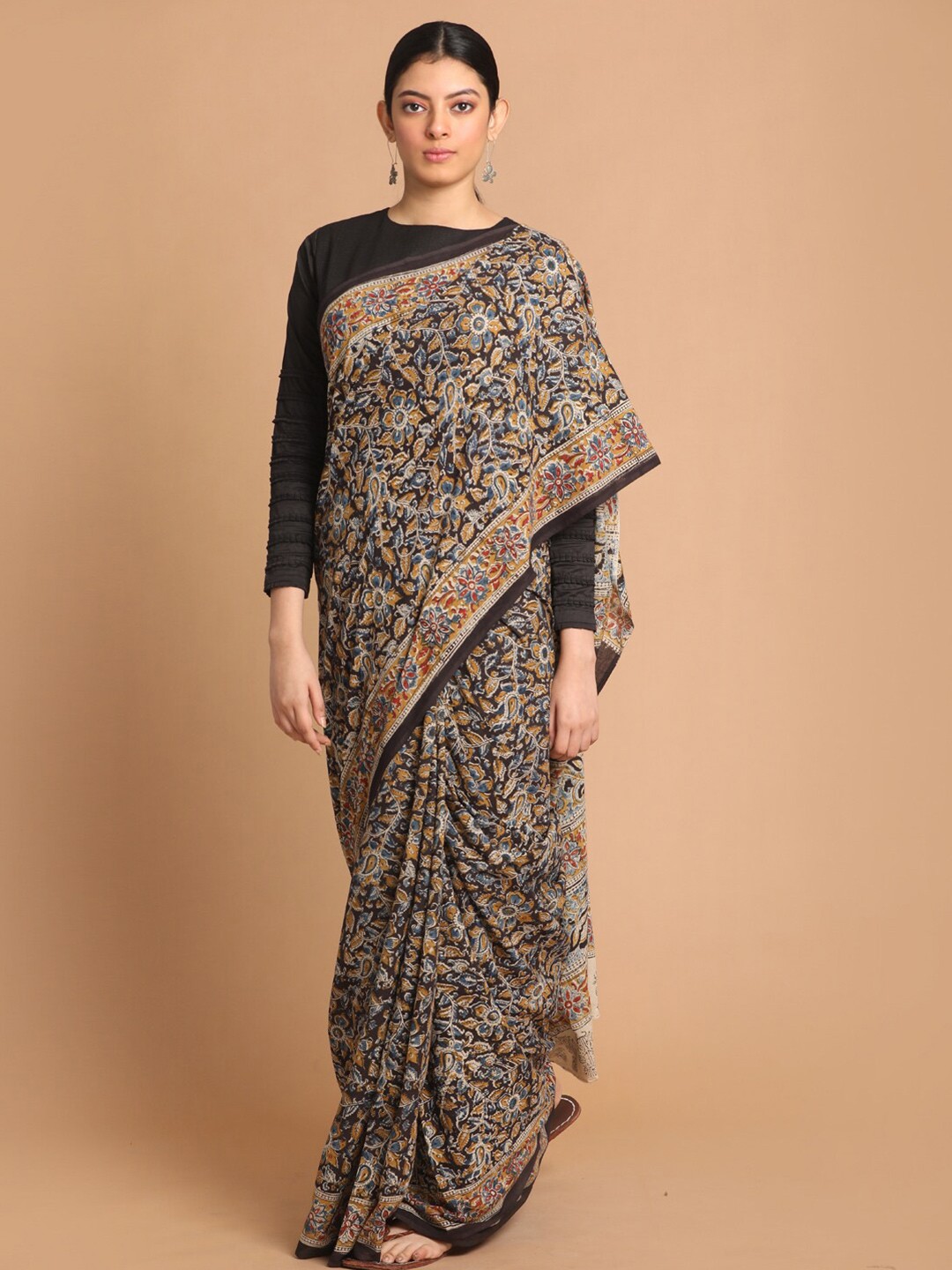 

Indethnic Black & Blue Kalamkari Pure Mulmul Cotton Block Print Saree