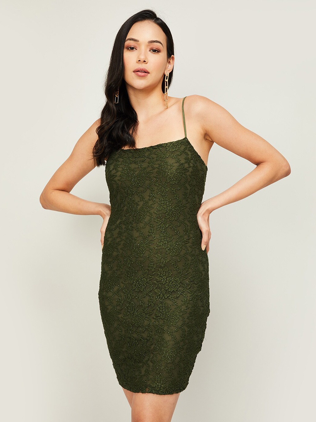 

Ginger by Lifestyle Olive Green Floral Embroidered Bodycon Dress