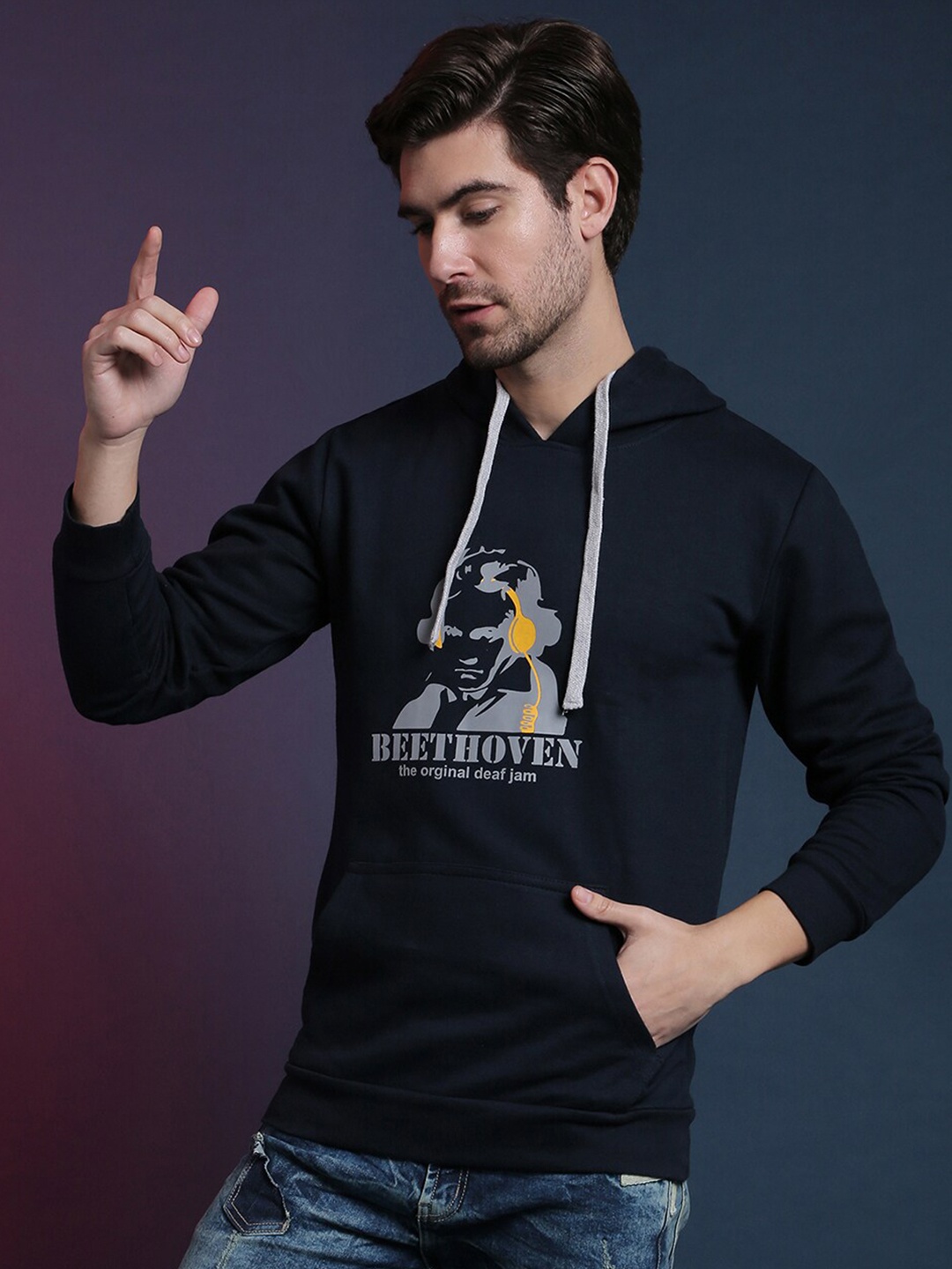 

Campus Sutra Men Blue Printed Hooded Sweatshirt