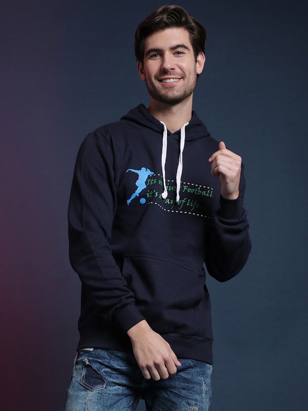 

Campus Sutra Men Navy Blue Printed Hooded Sweatshirt