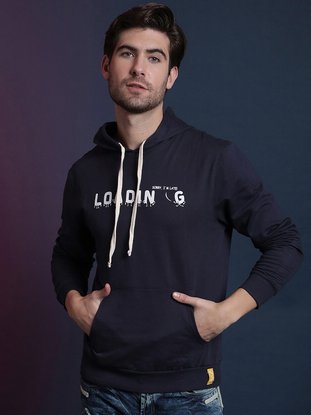 

Campus Sutra Men Navy Blue Printed Hooded Sweatshirt