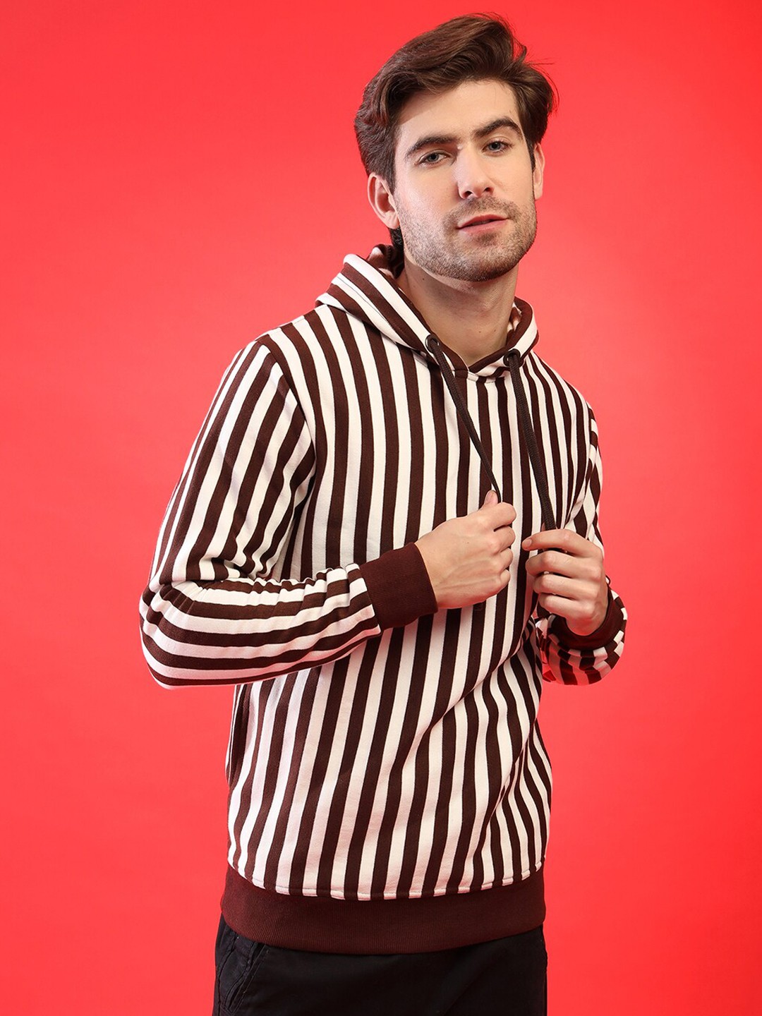 

Campus Sutra Men Brown Striped Hooded Sweatshirt
