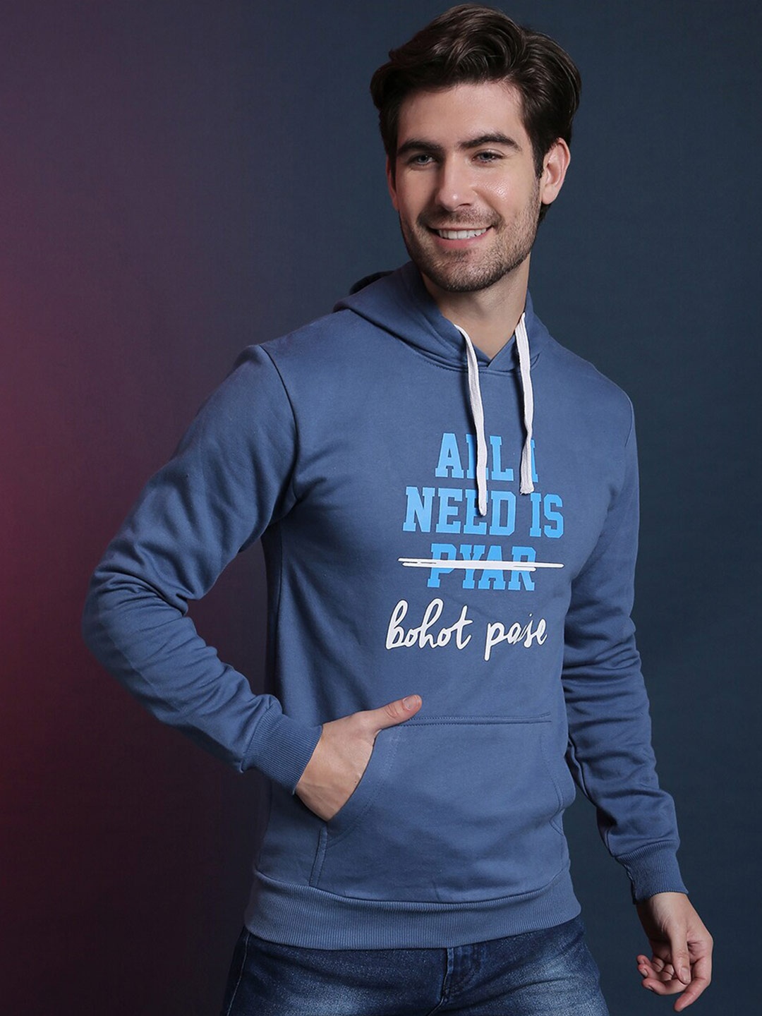 

Campus Sutra Men Blue Printed Hooded Sweatshirt