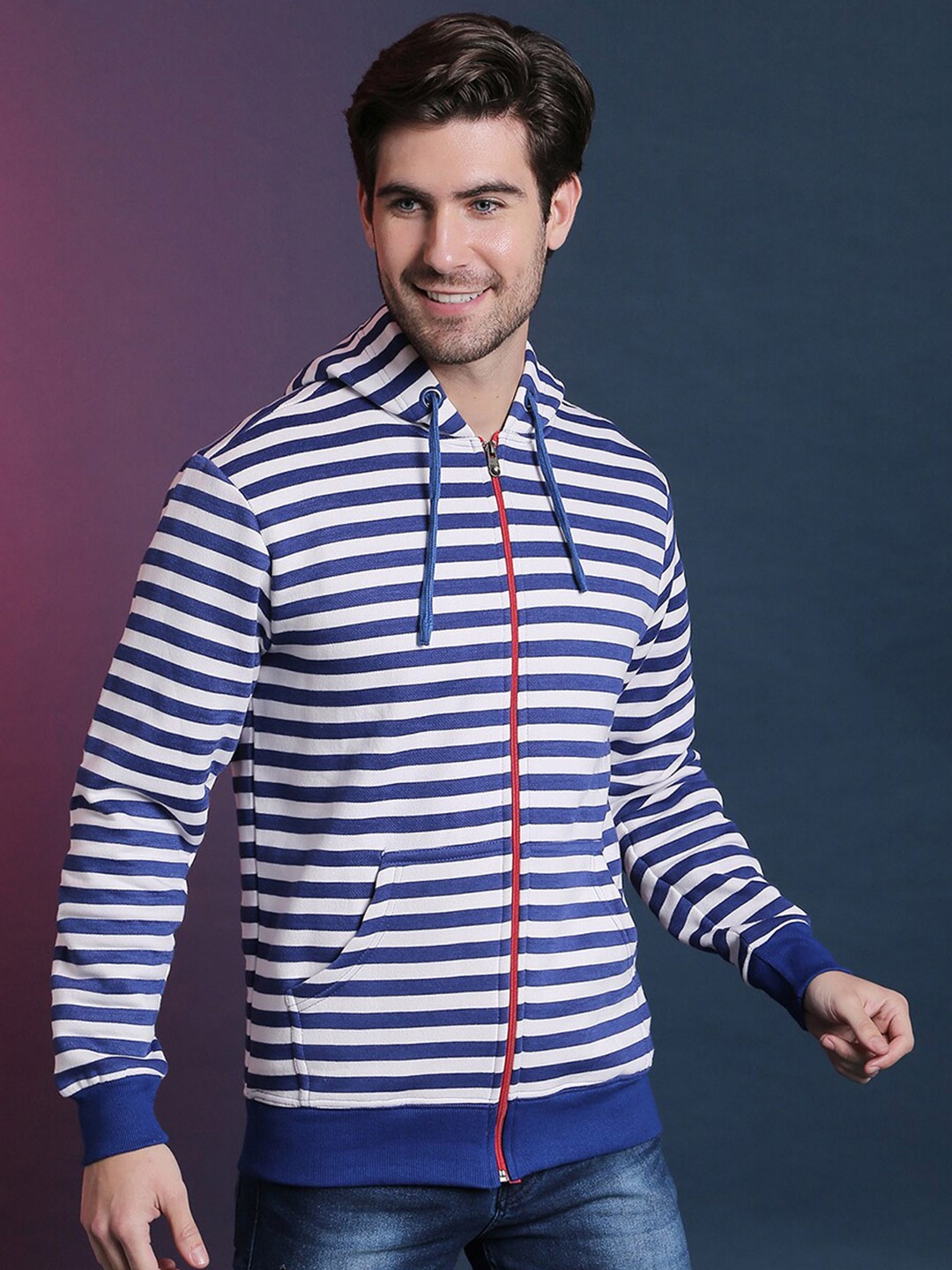 

Campus Sutra Men Blue & White Striped Hooded Sweatshirt