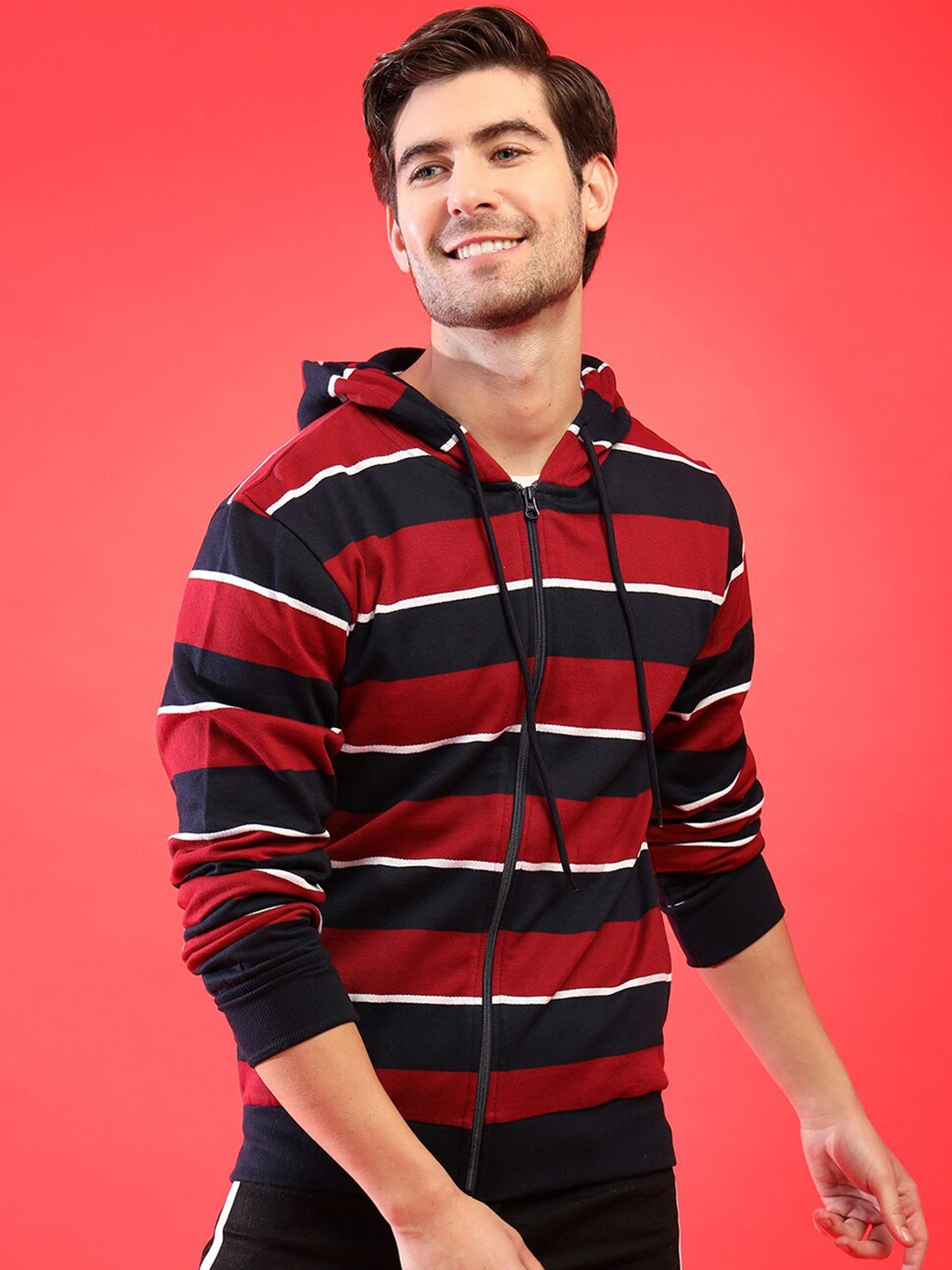 

Campus Sutra Men Red & Navy Blue Striped Hooded Sweatshirt