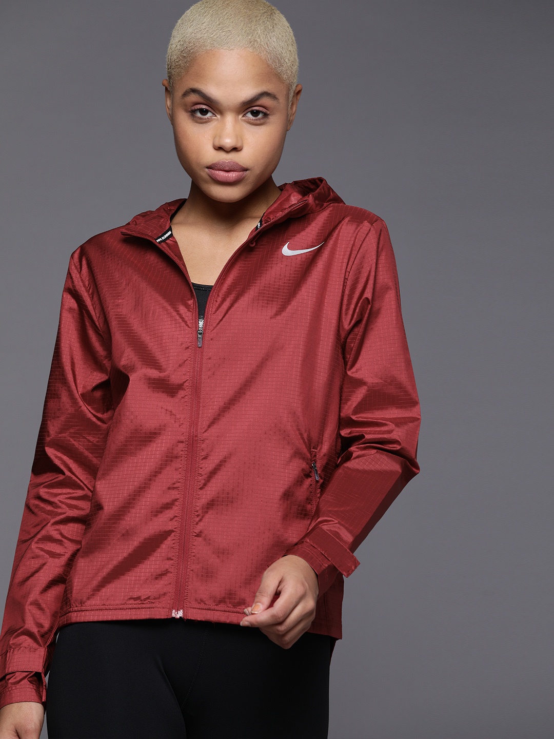 

Nike Women Maroon Checked Water-Repellent ESSENTIAL Running Jacket