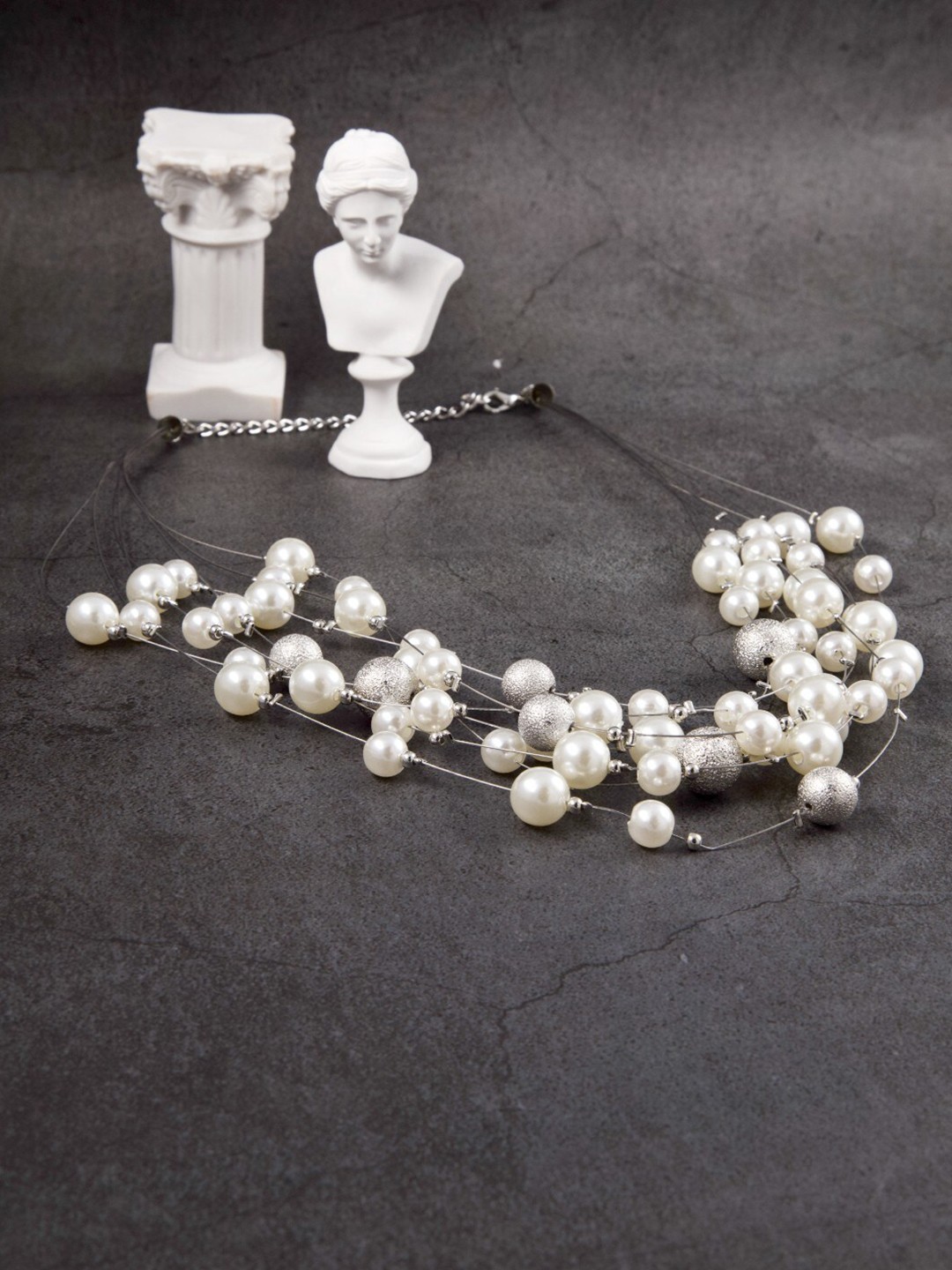 

anore Silver-Toned & White Silver-Plated Pearl and Metal Ball Beaded Statement Necklace