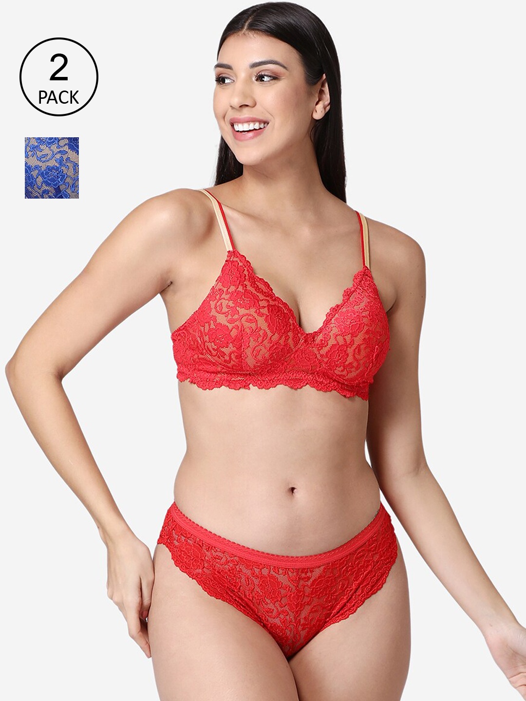 

ABELINO Pack of 2 Self Design Padded Bridal Lace Lingrie Sets, Red