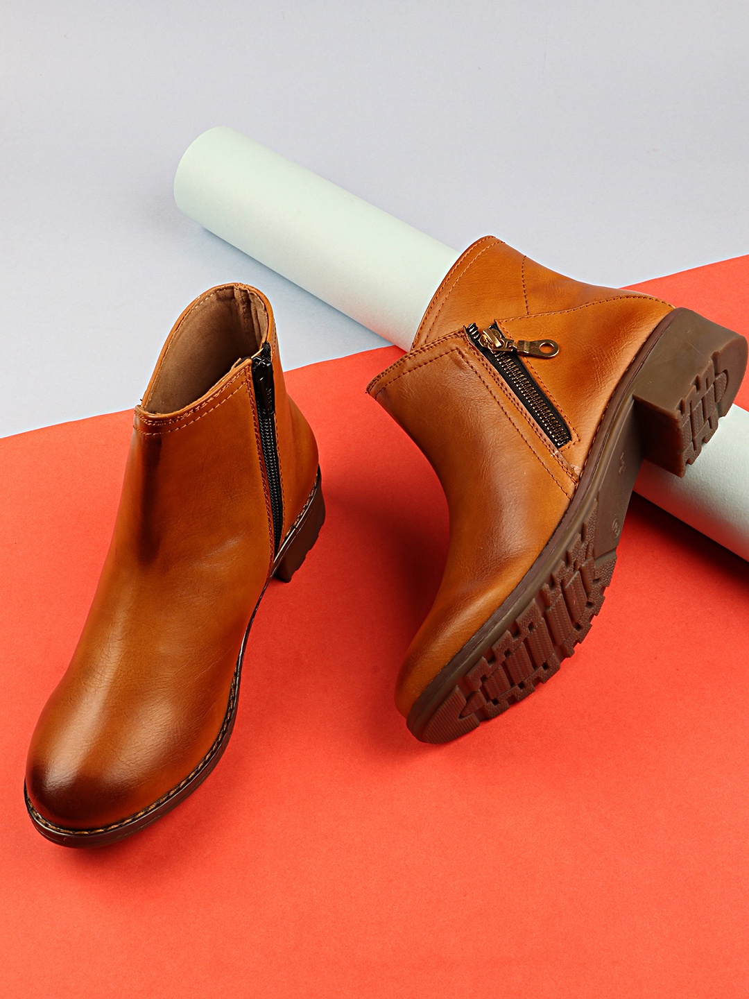 

Shoetopia Tan Brown Textured Mid-Top Block Heel Boots